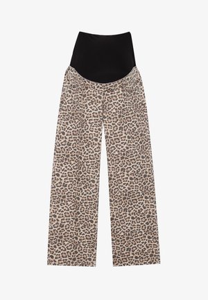 Bredde bukser med leopardprint og høj sort talje, med en blød tekstur og kontrasterende farver i et afslappet pasformdesign.