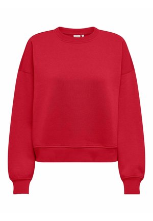 Κόκκινο φούτερ από μαλακό ύφασμα, με στρογγυλή λαιμόκοψη, χαμηλωμένους ώμους και ριμπ σημεία στους καρπούς και το στρίφωμα. Κοντή σχεδίαση με λείο υφή.