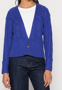 Blå stickad cardigan med djup V-ringning, ribbad nederkant och texturerad kabelstickad design, med tre knappar fram och långa ärmar.