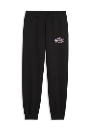 Sorte sweatpants med elastisk talje og manchetter, med et lille lilla blomsterdesign og ordet "Pumas" på det øverste venstre lår.