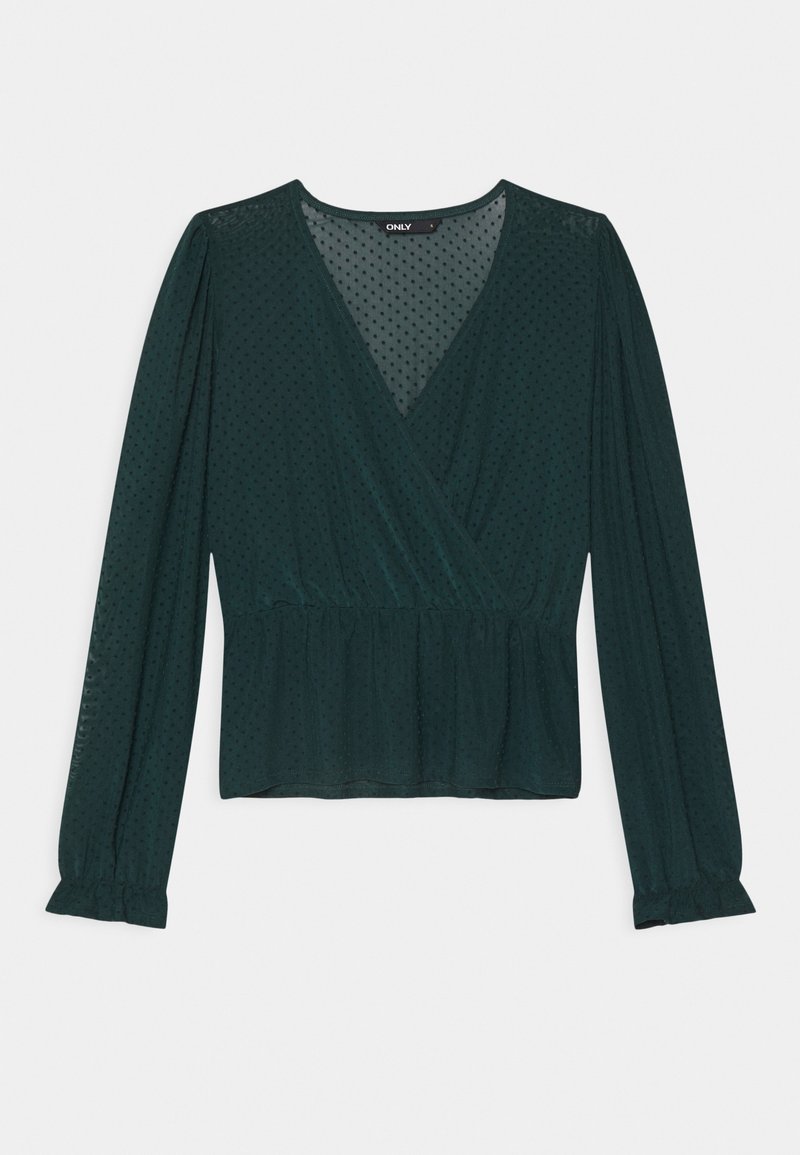 Dunkelgrün Bluse mit Wickeldesign, langen Ärmeln und Peplum-Taille. Hergestellt aus strukturiertem Stoff mit kleinen, gleichmäßigen Punkten.