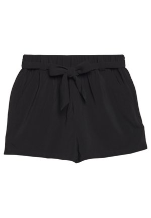Short noir pour femme avec taille élastique, poches latérales et ceinture en tissu nouée en un nœud à l'avant.