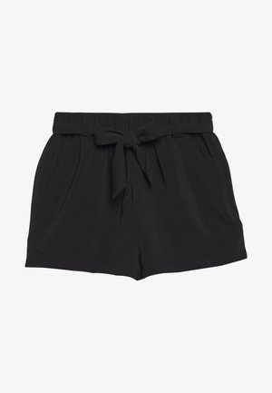 Short noir pour femme avec taille élastique, poches latérales et ceinture en tissu nouée en un nœud à l'avant.