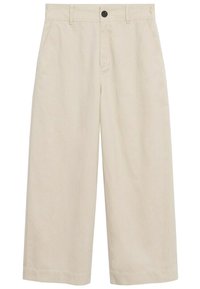 Beige wide-leg pants made of lightweight fabric. Features a front button closure and side pockets. Smooth texture with minimal detailing.