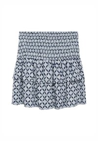Gonna a strati realizzata in tessuto azzurro chiaro con un motivo geometrico navy. Presenta una vita arricciata per una vestibilità regolabile.