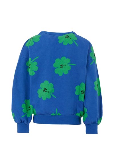 Felpa blu con motivo di quadrifogli verdi, con scollatura rotonda e polsini ed orlo elasticizzati. Tessuto morbido, vestibilità casual.