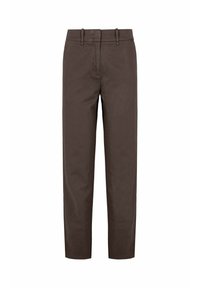 Pantaloni in cotone marrone con una vestibilità dritta, dotati di zip, passanti per la cintura e tasche laterali. Tessuto liscio, design sartoriale.