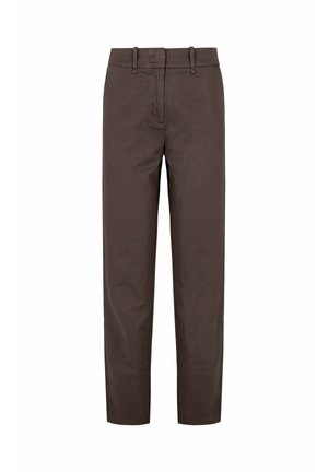Brown cotton trousers with a straight fit, featuring a zip fly, belt loops, and side pockets. Smooth texture, tailored design.