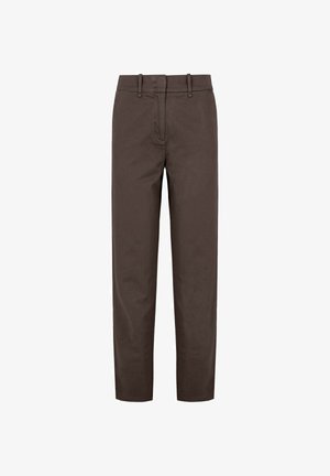 Brown cotton trousers with a straight fit, featuring a zip fly, belt loops, and side pockets. Smooth texture, tailored design.