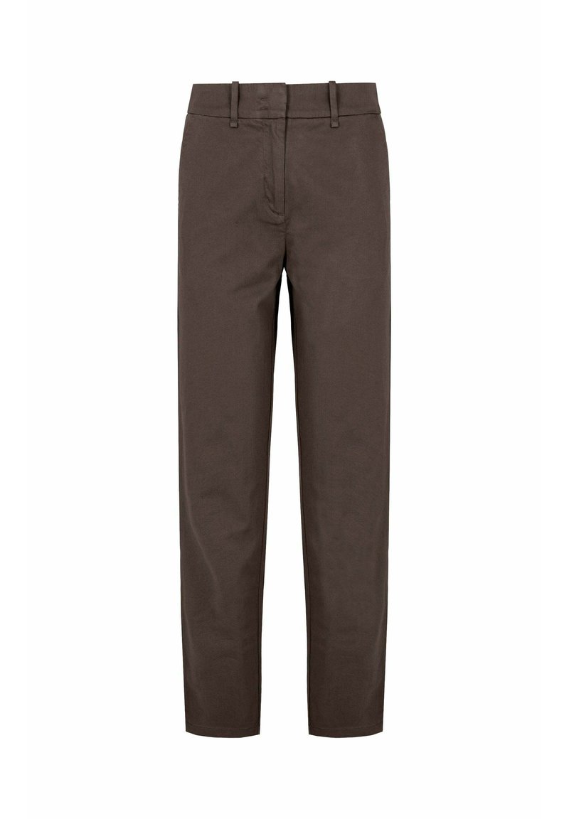 Pantaloni in cotone marrone con una vestibilità dritta, dotati di zip, passanti per la cintura e tasche laterali. Tessuto liscio, design sartoriale.