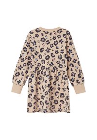 Beige langärmliges Kleinkindkleid mit gerippten Bündchen und geraffter Taille, mit einem schwarz-lila blumigen Leopardenmuster.