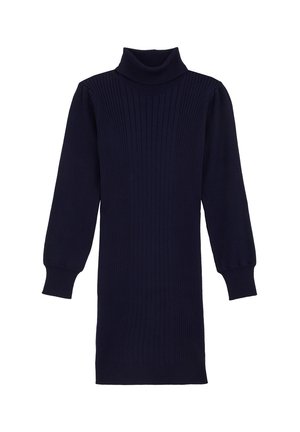 Marineblaues, geripptes Strick-Turtleneck-Kleid mit langen Ärmeln, das eine figurbetonte Silhouette und einen strukturierten Stoff aufweist.