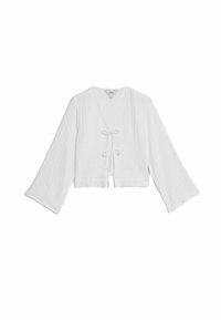 Blusa bianca accorciata in tessuto leggero, con scollatura a V, chiusura anteriore a fiocco e maniche lunghe a campana con una finitura testurizzata.