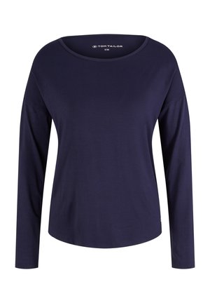 Marineblå langærmet skjorte med rund halsudskæring, lavet af blødt stof. Har en buet kant og et lille logo nederst til venstre.