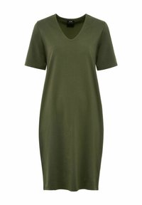 Oliwkowa sukienka krótki rękaw z dekoltem w kształcie litery V. Wykonana z miękkiego materiału, ma luźny krój i sięga tuż nad kolano.