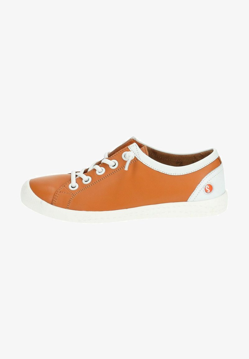 Orangene Ledersneaker mit weißen Akzenten, runder Zehenpartie und weißer Gummisohle. Hat eine Schnürung und ein Logodetail an der Seite.