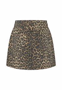 Fustă din denim cu imprimeu de leopard, cu croială dreaptă, două buzunare la spate și un accent de cusătură închisă. FabricăTexturat în nuanțe de brun și negru.