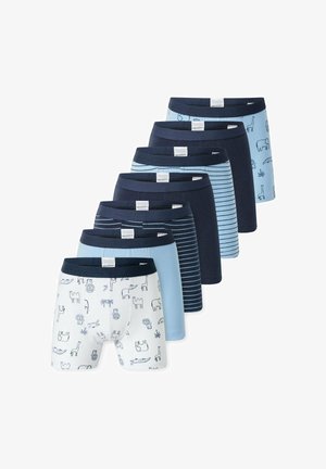 Seven pairs of boys' boxer shorts in various shades of blue and navy. Designs include patterns with animals, stripes, and solid colors.