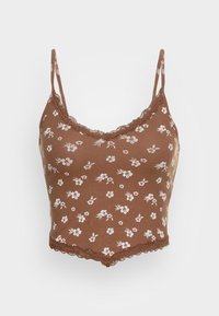 Top de cropped floral castanho, feito de tecido canelado, com padrões florais brancos e delicadas rendas na gola e na bainha.