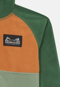 Fleece bunda s panely v zelené, oranžové a světle zelené barvě, s černou nášivkou loga Didriksons a grafikou hor na hrudi.