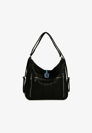 Sort læder skuldertaske med et slapt design, der har dobbelte håndtag, flere lynlåslommer og en blå mærkat foran.