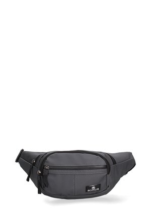 Marsupio in nylon nero con più scomparti con zip e tracolla regolabile, con un piccolo marchio B&C Cavalli.