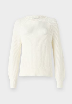 Gebreide trui in off-white met een ronde hals, lange raglanmouwen, geribde manchetten en zoom, met een textuurpatroon in de stof.