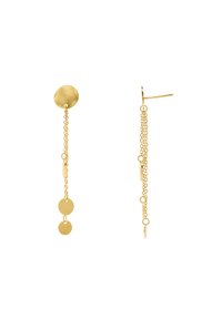 Boucles d'oreilles en or avec un clou circulaire, des chaînes liées, et deux pendentifs circulaires suspendus pour un effet superposé.