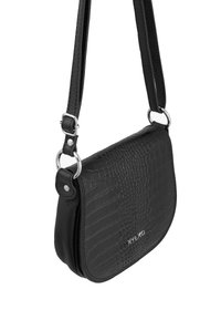 Black crossbody bag featuring a textured crocodile pattern, smooth leather accents, silver hardware, and an adjustable strap.