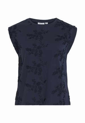 Tumedat sinise värvi ilma varrukateta topp pehmest kangast, millel on mustad lillemustrid ja ümmargune kaelus.Õrnad õlavarre aksendid.