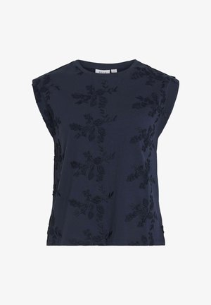 Tumedat sinise värvi ilma varrukateta topp pehmest kangast, millel on mustad lillemustrid ja ümmargune kaelus.Õrnad õlavarre aksendid.