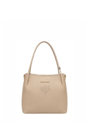 Beige leather handbag with two handles, gold logo and perforated heart design with initials on the front.