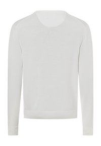 Maglione bianco a maniche lunghe con scollatura rotonda, polsini e orlo ribattuti. Tessuto a maglia liscio con un design pulito e minimalista.