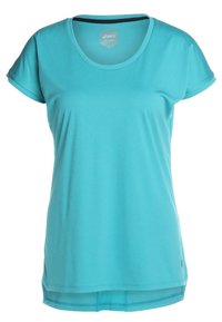 Turkos tränings t-shirt med korta ärmar, rund halsringning och böjd nederkant; tillverkad av lätt och ventilerande tyg.