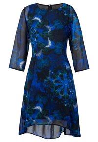 Kurzärmliges, knielanges Kleid mit blauem Blumenmuster, transparentem Überzug und fester Fütterung. Runder Ausschnitt und Reißverschluss hinten.