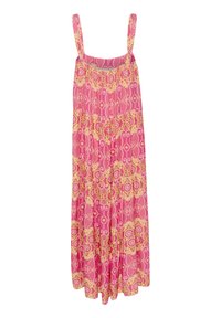 Pink sleeveless dress with a floral pattern in yellow. Features a loose fit and a flared bottom, made from lightweight fabric.