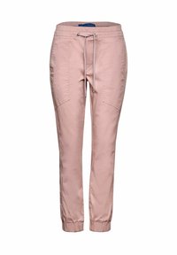 Light pink, elastic-waist pants with a drawstring. Features side pockets and tapered cuffs. Made from soft, lightweight fabric.
