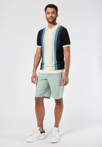Zwart en crèmekleurig gestreept poloshirt met teal accenten, gedragen met lichtgroene korte broek en witte sneakers. Glad stof en casual pasvorm.