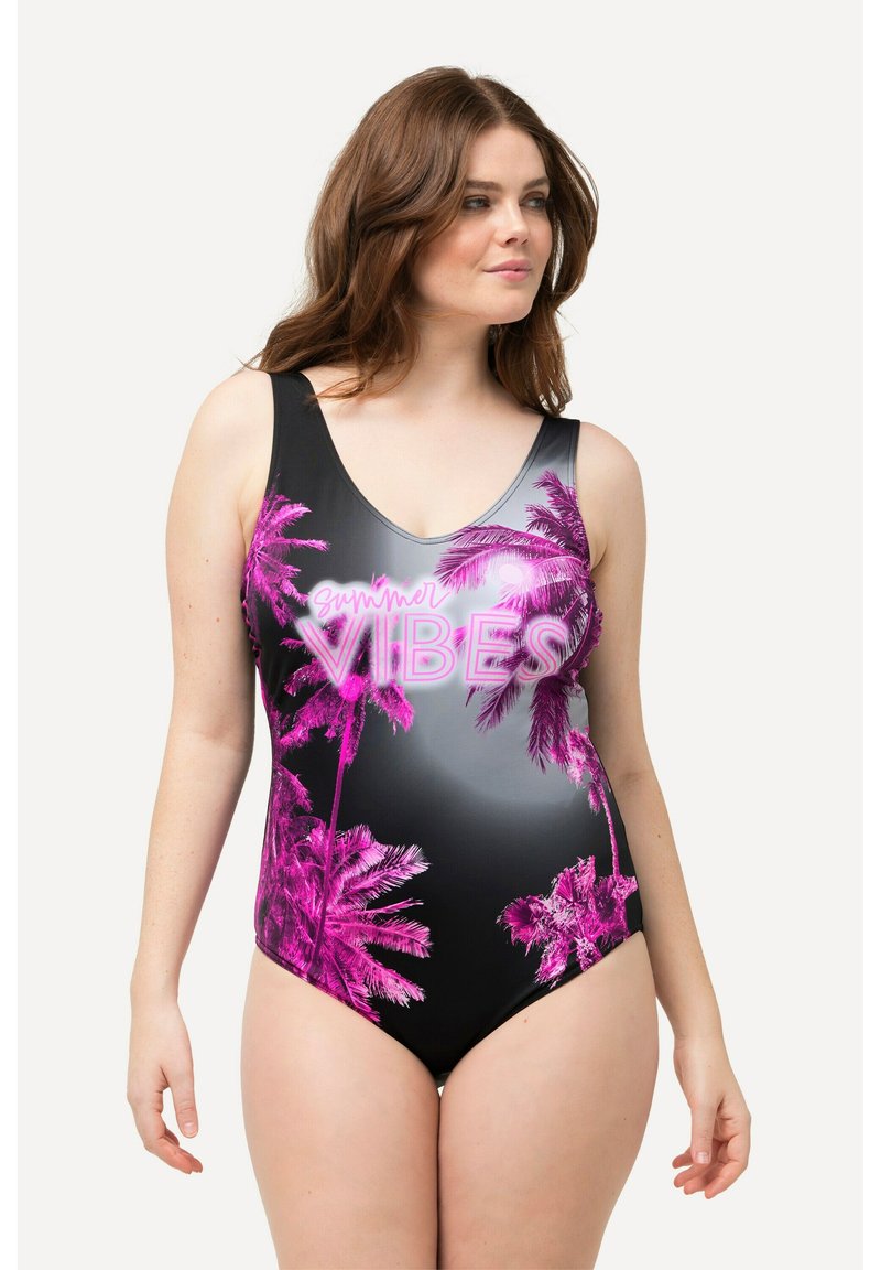 Costume da bagno intero con base nera a sfumatura, stampe di palme rosa e testo "Summer Vibes" in stile neon. Tessuto liscio ed elastico.
