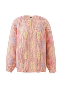 Růžový pletený kardigan s volným střihem, zdobený výšivkou v pastelových barvách ve vzorech připomínajících šipky. Texturovaná látka s otevřeným předním dílem.