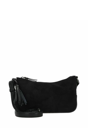 Schwarze Wildleder-Crossbody-Tasche mit Lederakzenten, Reißverschlussverschluss und dekorativen Quasten. Mit abnehmbarem Tragegurt. Einfaches, elegantes Design.