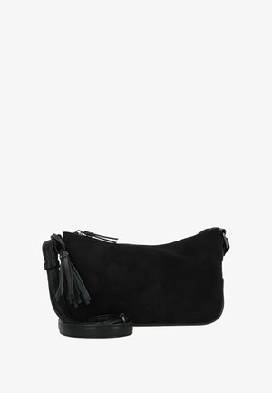 Sac à bandoulière en suede noir avec des accents en cuir, fermeture éclair et franges décoratives. Dispose d'une bandoulière amovible. Design simple et épuré.
