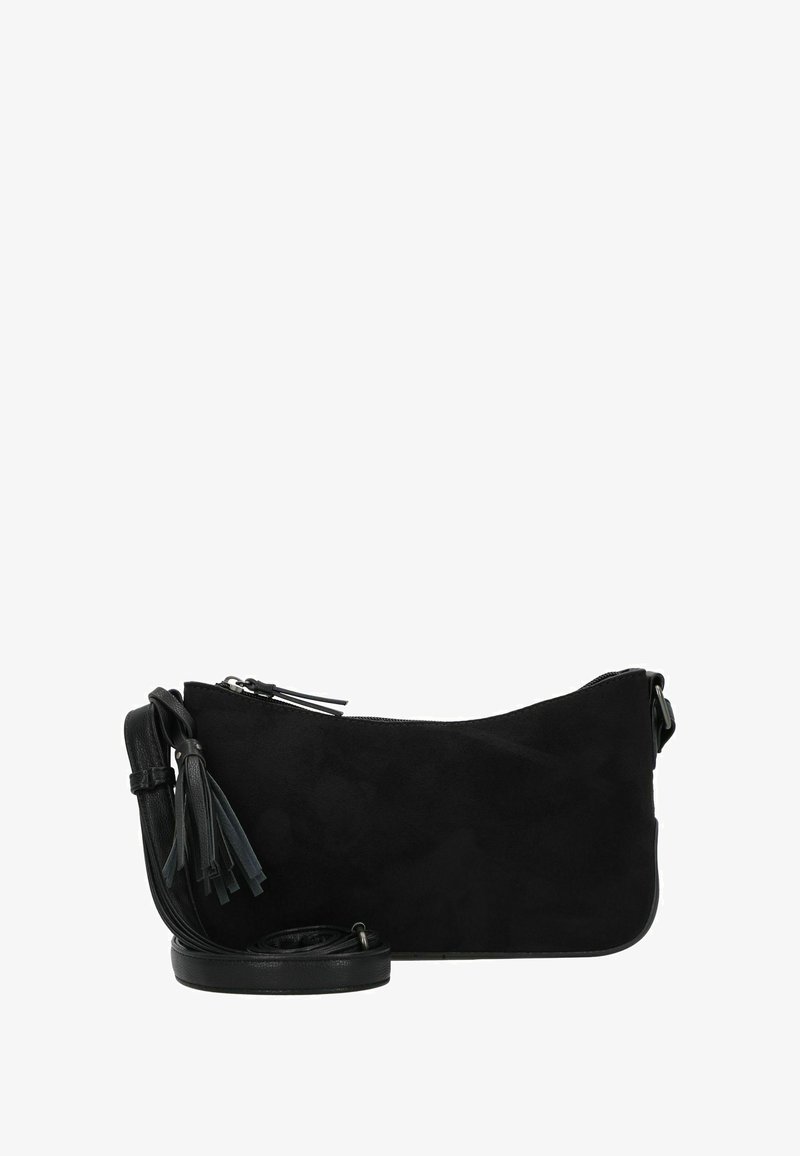 Bolso cruzado de ante negro con acentos de cuero, cierre de cremallera y borlas decorativas. Cuenta con una correa desmontable. Diseño simple y elegante.