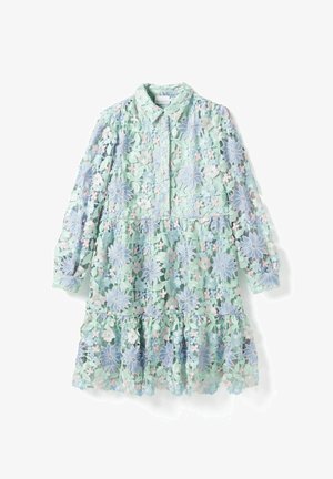 Lysegrøn langærmet kjole med pastelblåt og lyserødt blonder med blomsterprint, knappelukning foran, krave og lagdelt skørt.