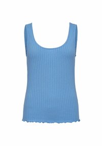Vaaleansininen ribattava tanktoppi, jossa on pyöreä pääntie. Pehmeä tekstuuri ja halkotettu helma. Hihaton muotoilu helpottaa käyttämistä.