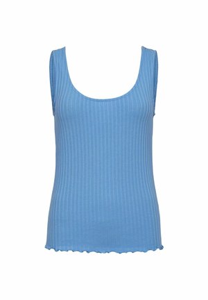 Vaaleansininen ribattava tanktoppi, jossa on pyöreä pääntie. Pehmeä tekstuuri ja halkotettu helma. Hihaton muotoilu helpottaa käyttämistä.