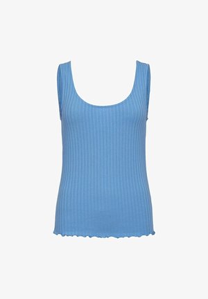 Világoskék, bordázott ujjatlan felső, lekerekített nyakkivágással, puha tapintással és fodros szegéllyel. Ujjatlan kialakítás a kényelmes viselet érdekében.