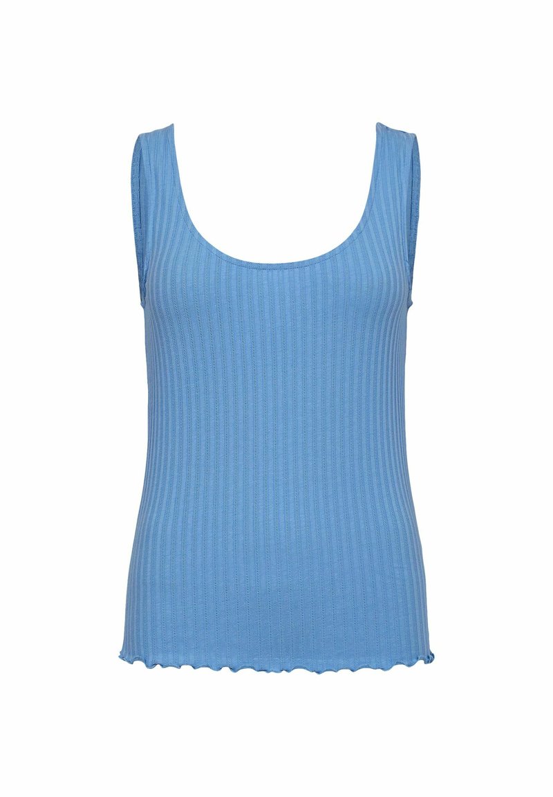 Vaaleansininen ribattava tanktoppi, jossa on pyöreä pääntie. Pehmeä tekstuuri ja halkotettu helma. Hihaton muotoilu helpottaa käyttämistä.