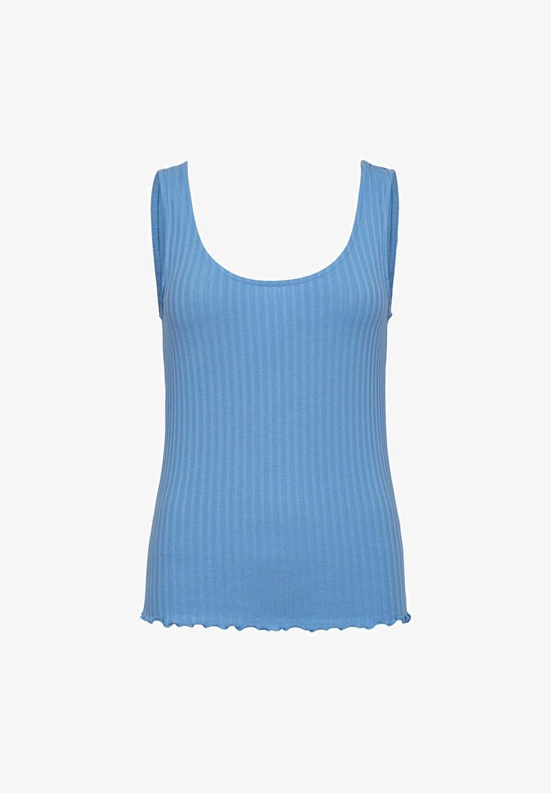 Hele sinine ribiga särk, millel on ümar kaelus, pehme tekstuur ja sakilise äärisega. Sedev disain lihtsaks kandmiseks.