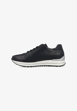 Black leather sneaker with a smooth texture, rounded toe, subtle mesh accents, and a white midsole. Features grey rear panel and lace-up design.